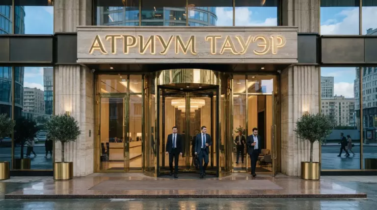 Вход торгового центра с радиусными автоматическими дверями