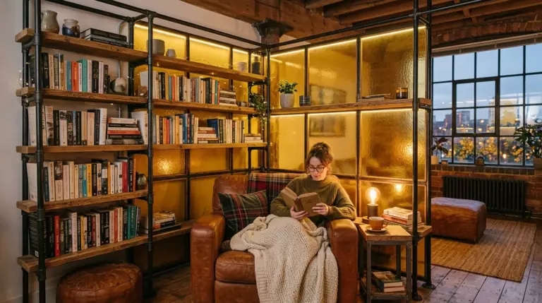 Книжный стеллаж-перегородка отделяет рабочий стол у окна